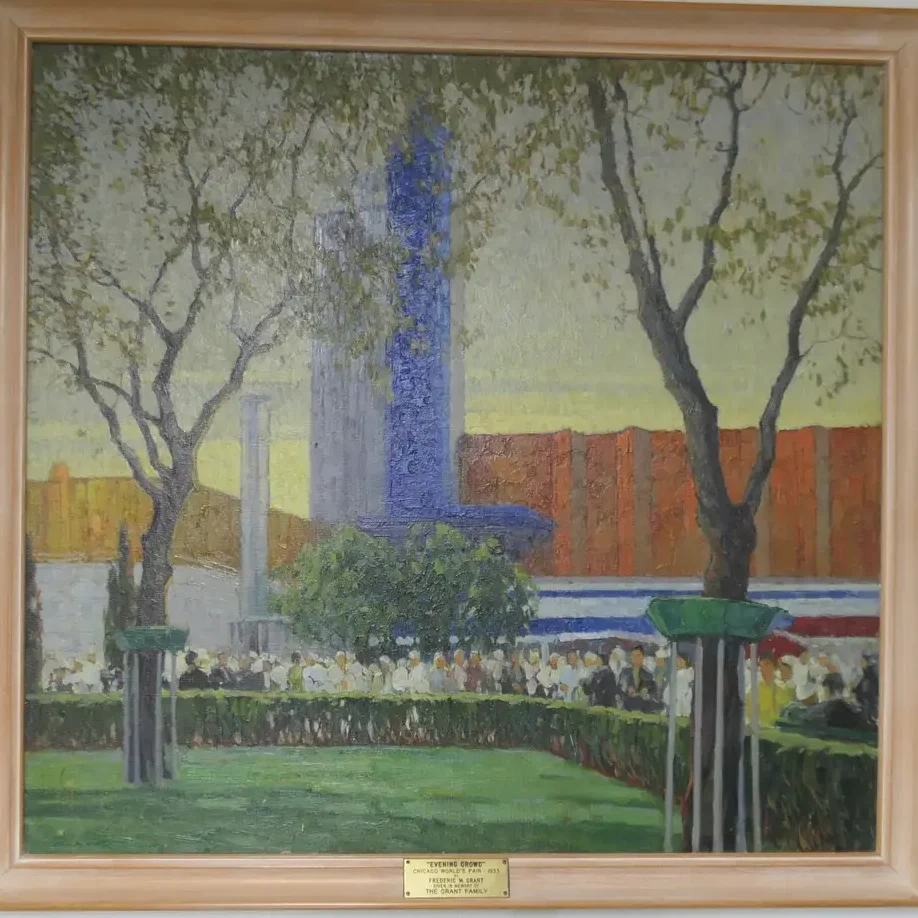 Evening Crowd by Frederick Grant. Add: Frederick M. Grant was born in Sibley, studied at the School of the Art Institute of Chicago and was known for his landscapes and vivid color.