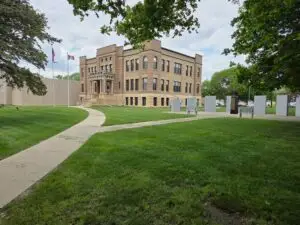 The view from the street looking up to the Sibley Courthouse building